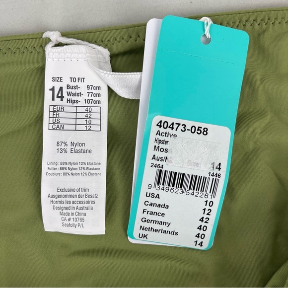 NEW Seafolly Hipster Bikini Bottom Low Rise Women's Size 10 Moss Green - Picture 6 of 7